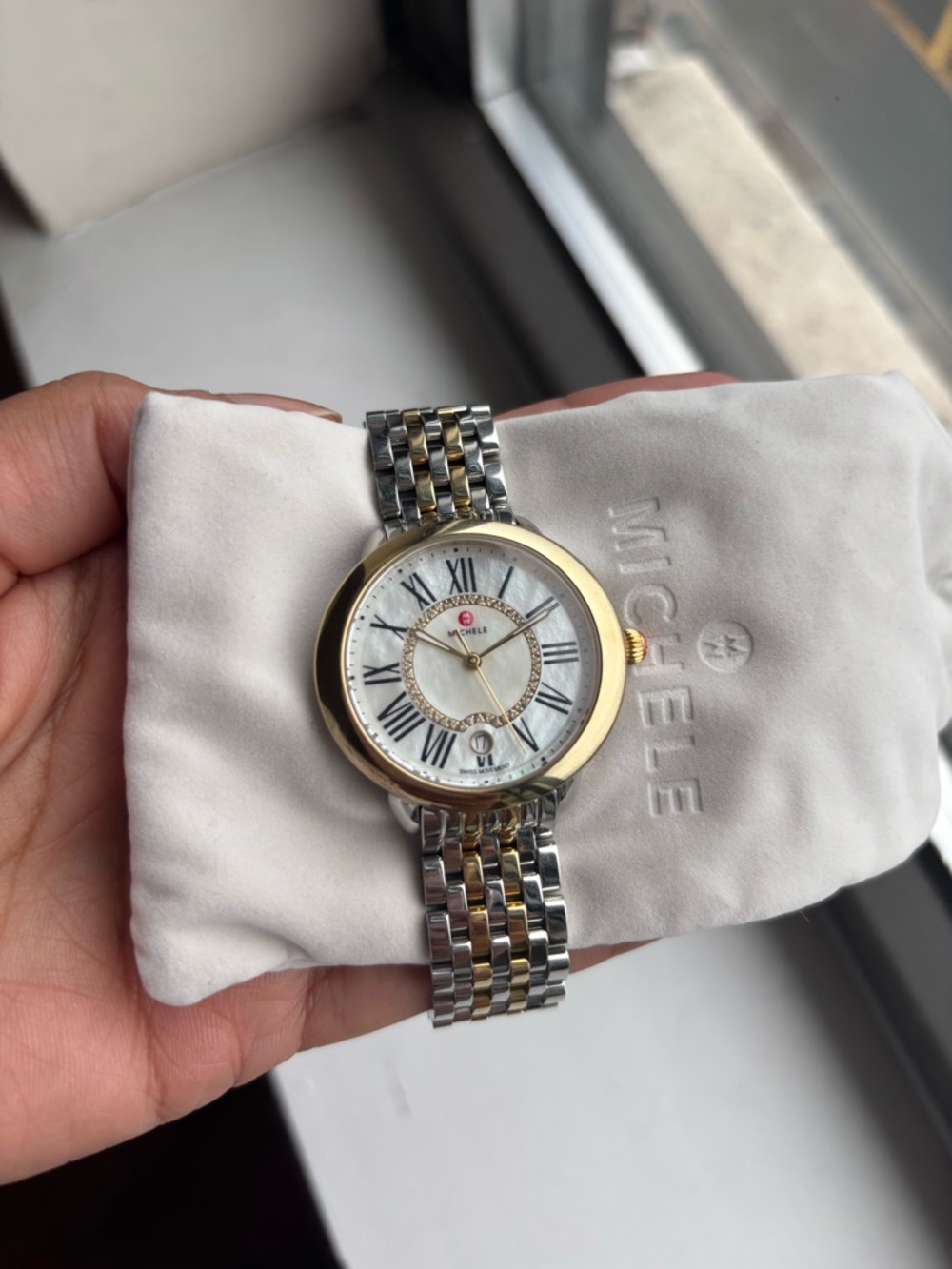 Michele Two-Tone Silver and Gold Bracelet Watch with Mother-of-Pearl Dial